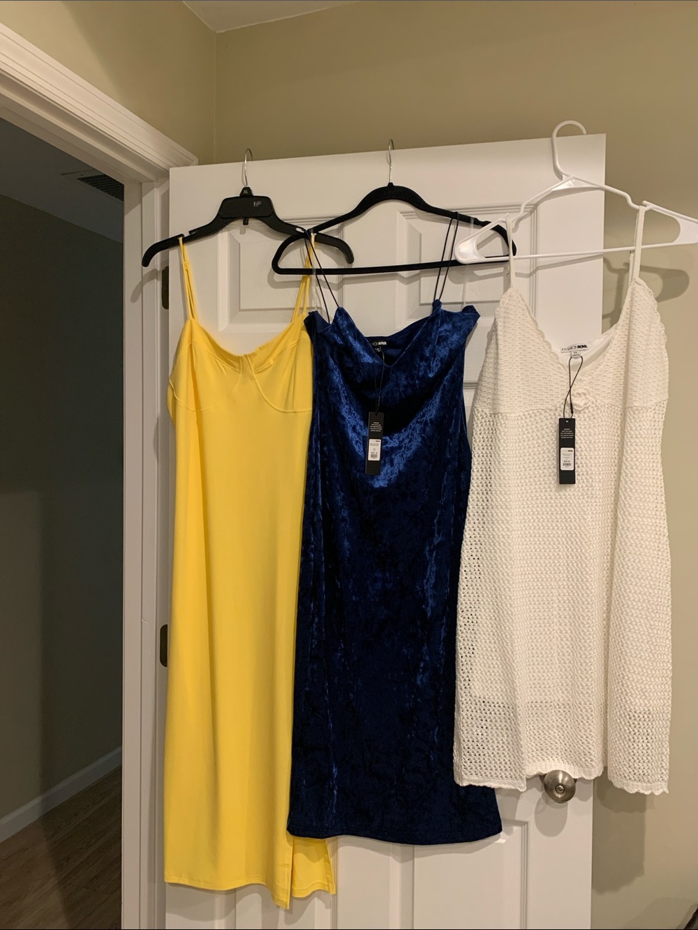 Fashion Nova Yellow Slip Dress, Navy Blue Velvet Slip Dress, White Knit Dress